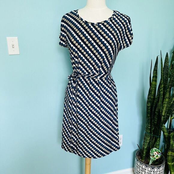 Tacera Sz S Tunic Dress Tie Belt Geometric Stretch Blue White Midi NWOT 0784 - Picture 2 of 6